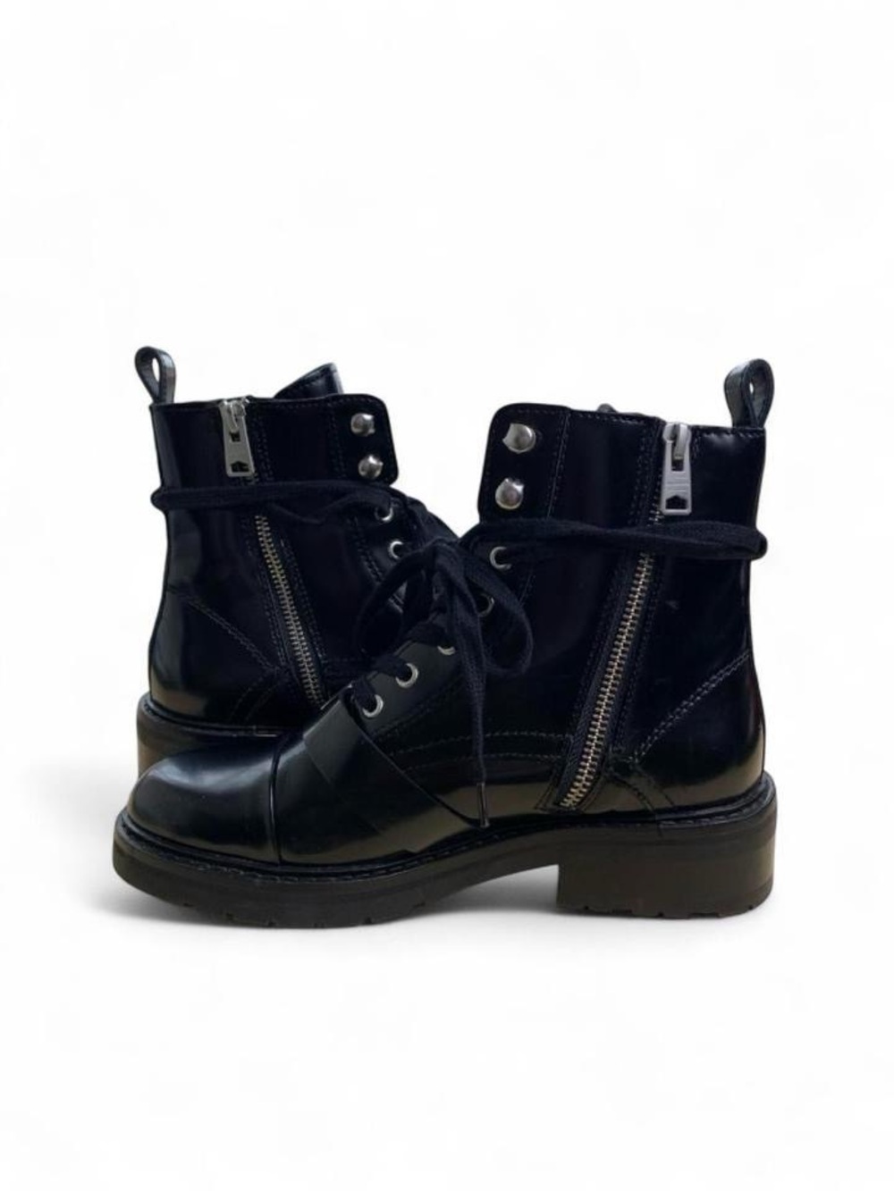 AllSaints Donita Black Smooth Leather Combat Military Boots Moto Buckle Zip 6